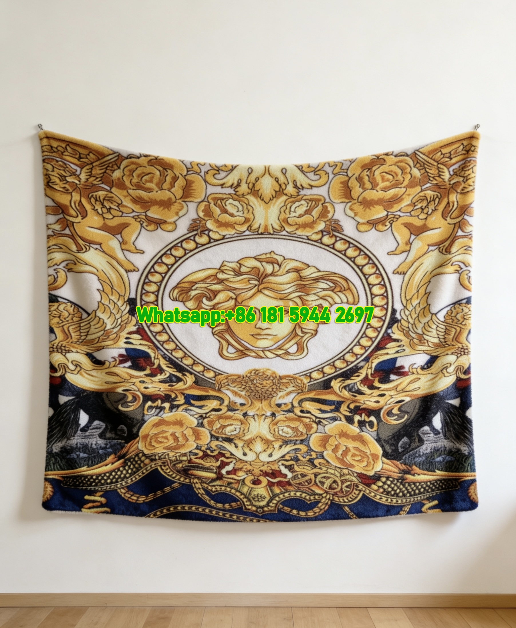 Versace Blue Gold Medusa Baroque Floral Print Flannel Sofa Throw Blanket IMG_1328